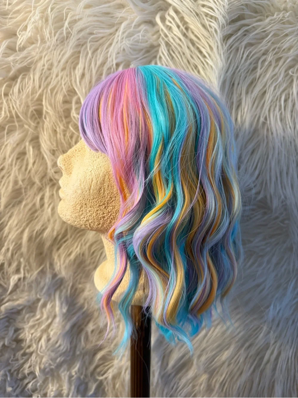 Pastel Rainbow Short Wavy Wig with Bangs - Multicolor